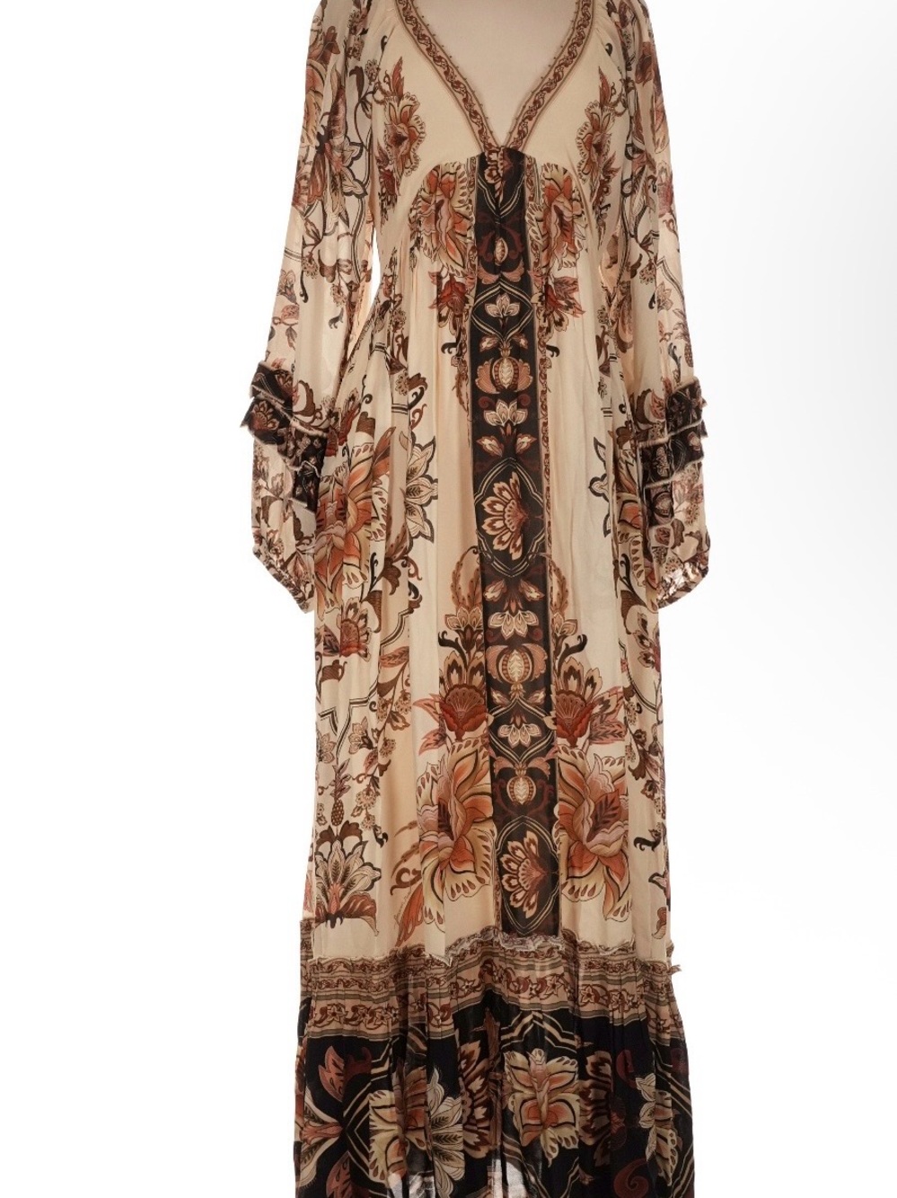 FARM Rio Cream Boho Floral Maxi Dress with Brown & Rust Accents
